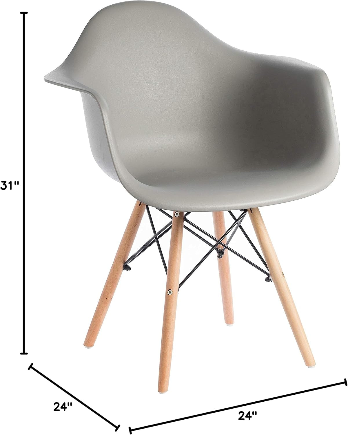 Fabulaxe Mid-Century Modern Style Plastic DAW Shell Dining Arm Chair with Wooden Dowel Eiffel Legs, Gray, 1