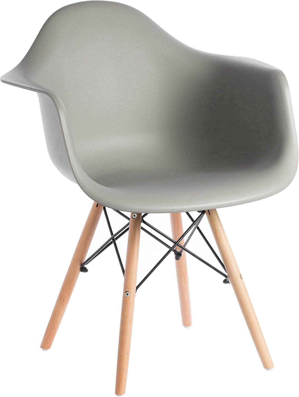Fabulaxe Mid-Century Modern Style Plastic DAW Shell Dining Arm Chair with Wooden Dowel Eiffel Legs, Gray, 1