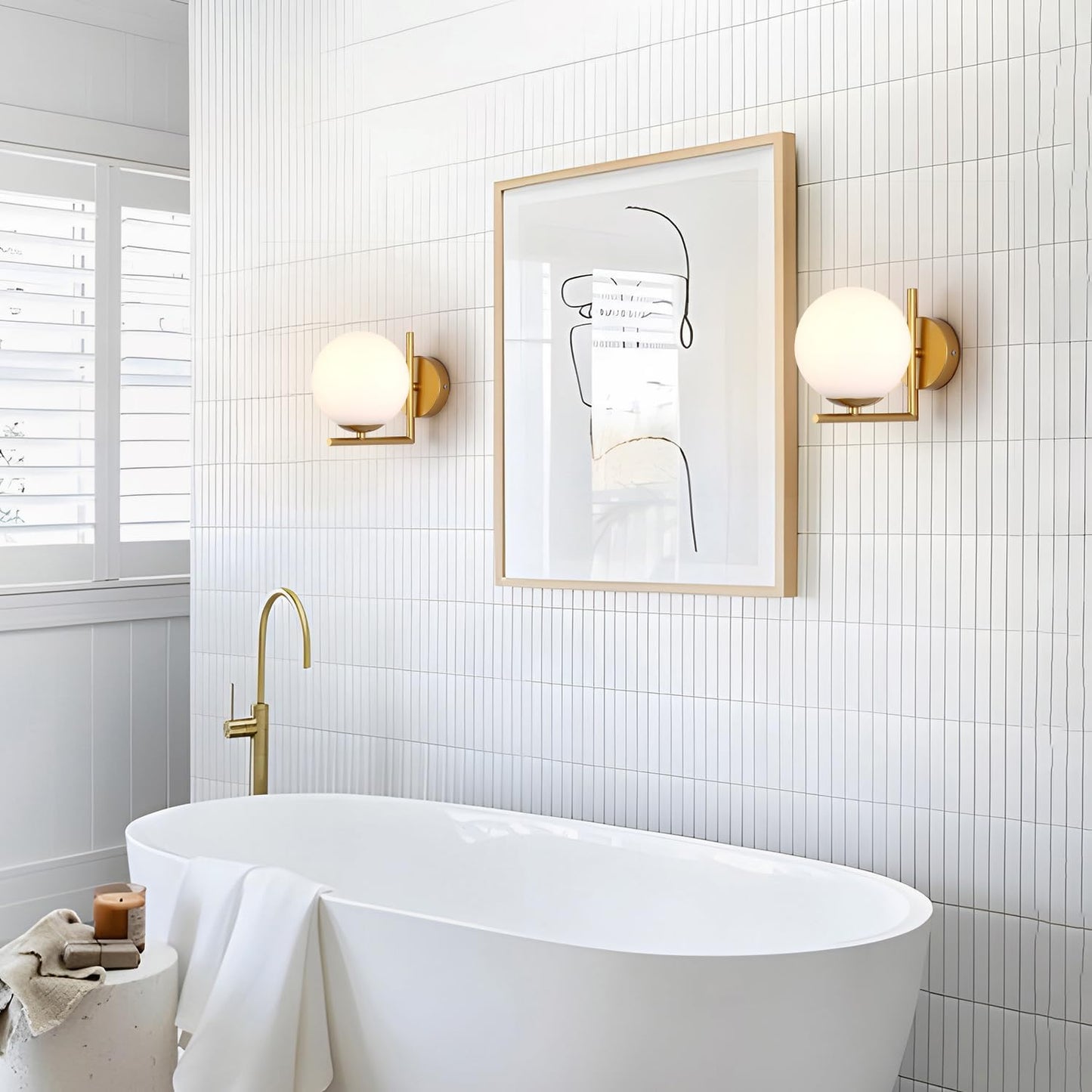 Mid Century Modern Gold Wall Sconce Lighting Brushed Brass Vanity Bathroom Wall Light Frosted White Glass Globe Wall Sconce Light Industrial Bedroom Bar Wall Lamp (Gold)