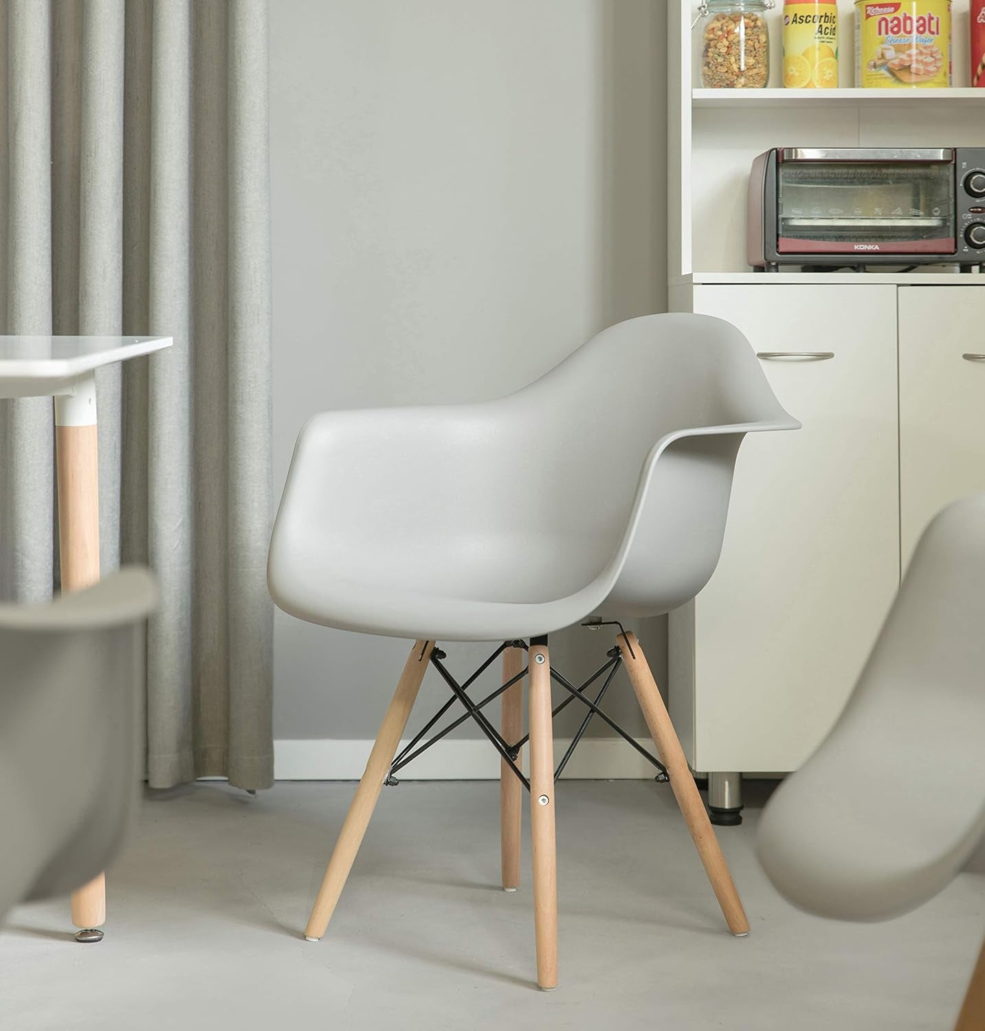Fabulaxe Mid-Century Modern Style Plastic DAW Shell Dining Arm Chair with Wooden Dowel Eiffel Legs, Gray, 1