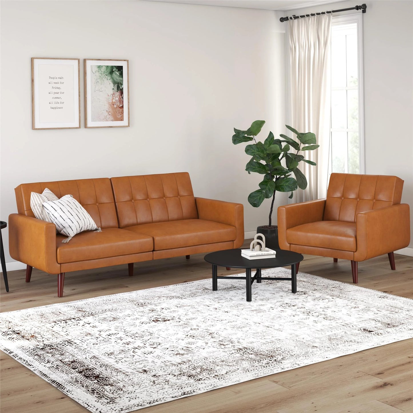 Nola Modern Futon, Camel Faux Leather