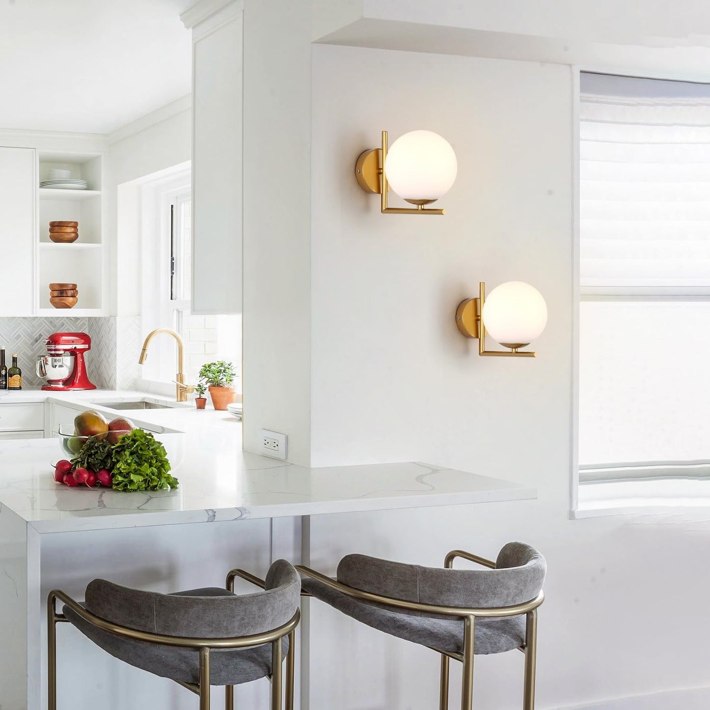 Mid Century Modern Gold Wall Sconce Lighting Brushed Brass Vanity Bathroom Wall Light Frosted White Glass Globe Wall Sconce Light Industrial Bedroom Bar Wall Lamp (Gold)
