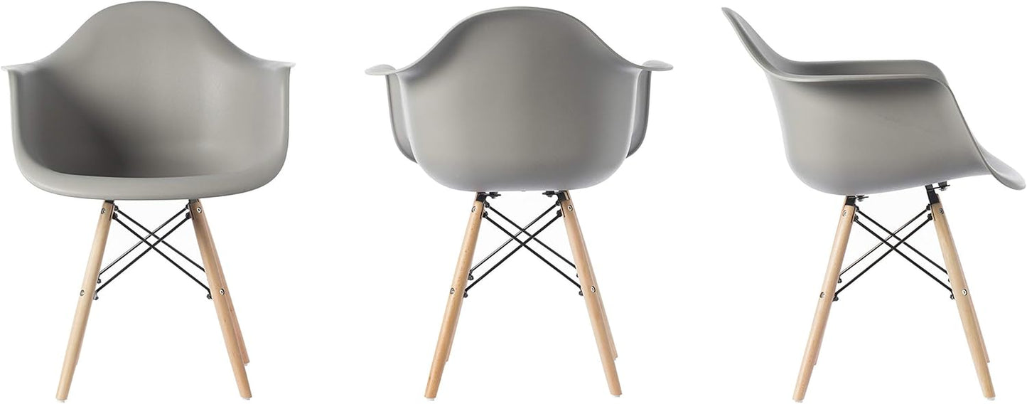 Fabulaxe Mid-Century Modern Style Plastic DAW Shell Dining Arm Chair with Wooden Dowel Eiffel Legs, Gray, 1