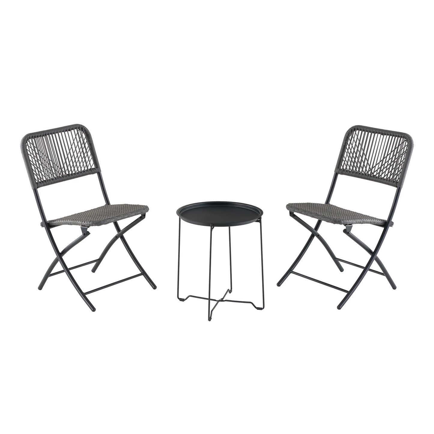 3-Piece Steel and Wicker Rope Folding Outdoor Patio Bistro Set, Gray/Black