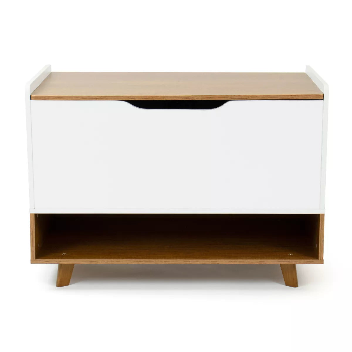 Morgan Mid-Century Kids' Toy Chest with Soft Close Lid and Storage Shelf Wood/White - Humble Crew