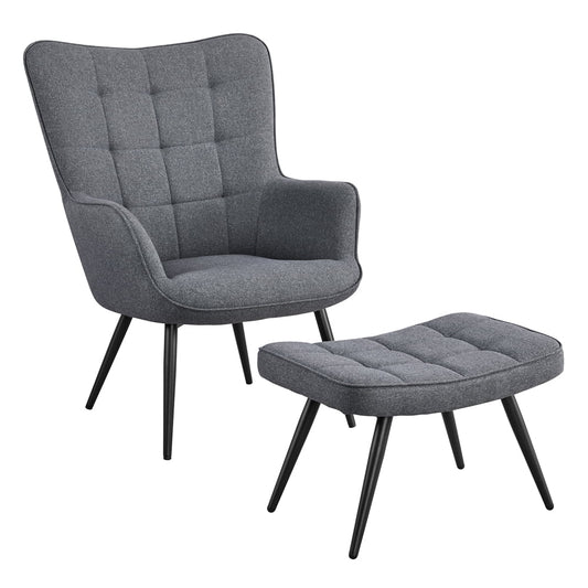 Mid-Century Modern Fabric Wingback Accent Chair with Ottoman, Gray