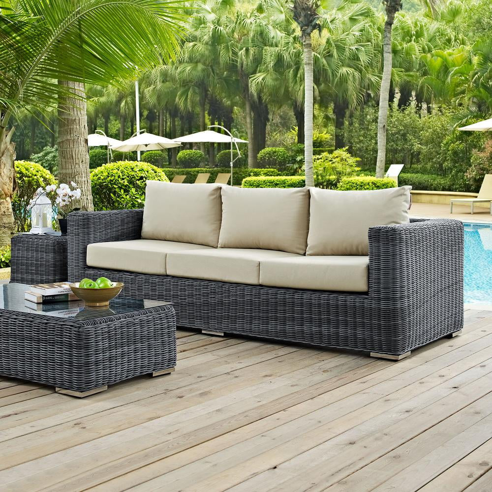 Summon Modern Aluminum and Rattan Patio Sofa in Canvas/Beige