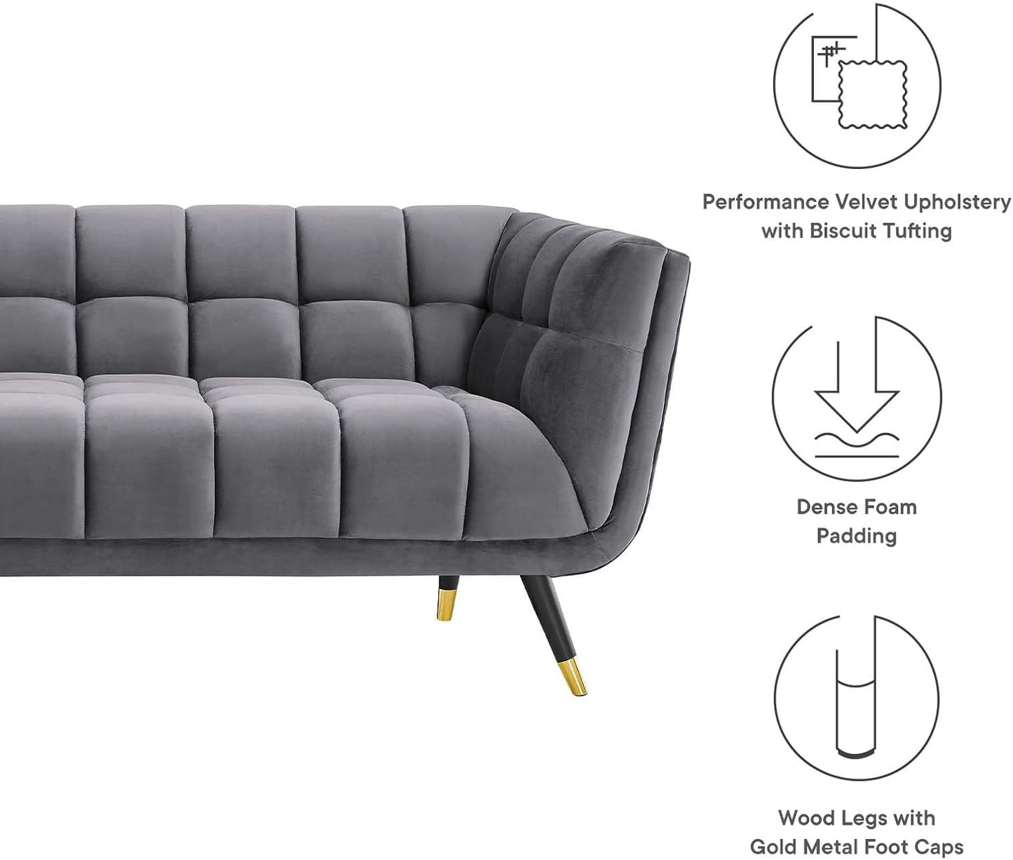 Adept Contemporary Mid-Century Modern Performance Velvet Upholstered Tufted Sofa in Gray