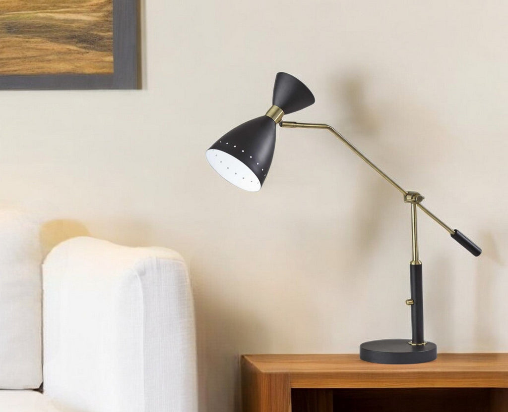 32" Black And Gold Metal Desk Lamp With Cinched Cone Shade
