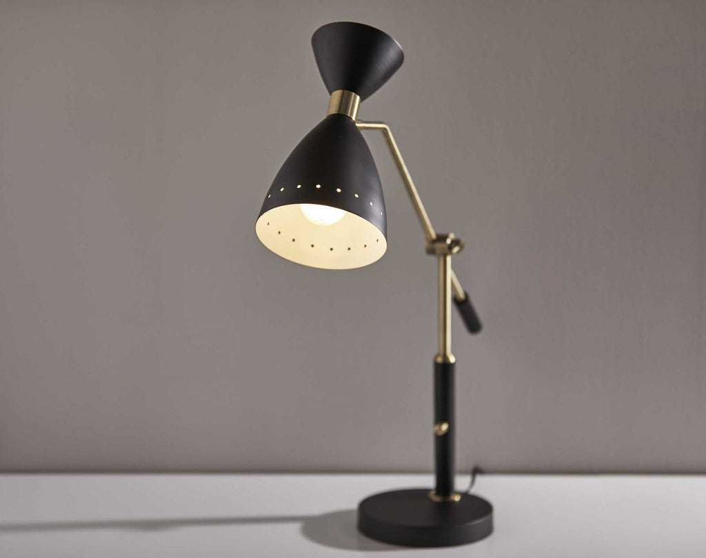 32" Black And Gold Metal Desk Lamp With Cinched Cone Shade