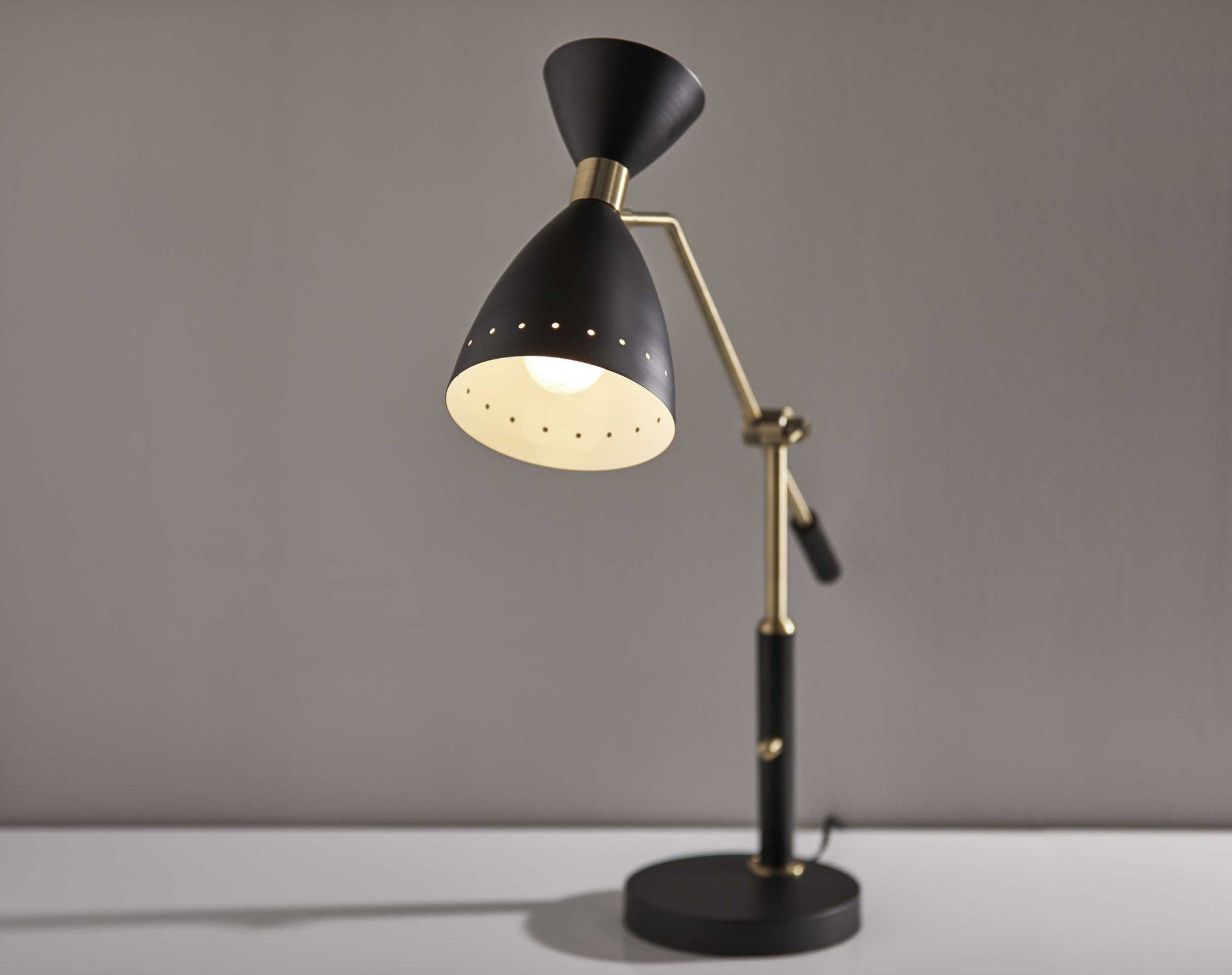 32" Black And Gold Metal Desk Lamp With Cinched Cone Shade