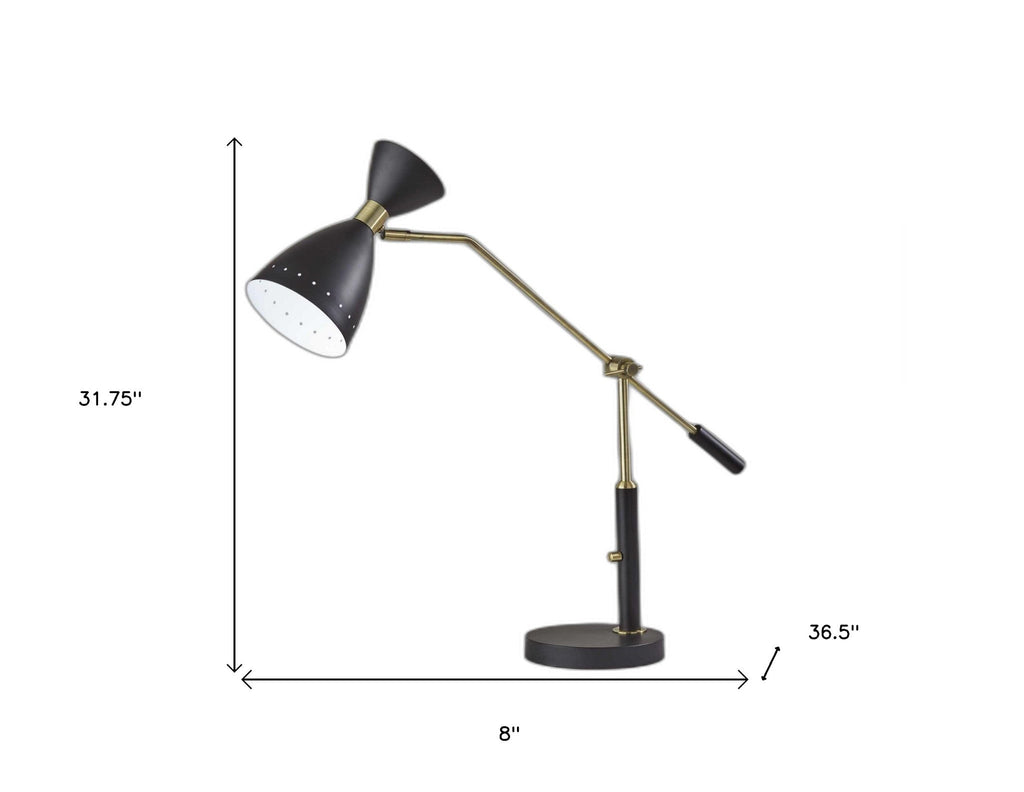 32" Black And Gold Metal Desk Lamp With Cinched Cone Shade
