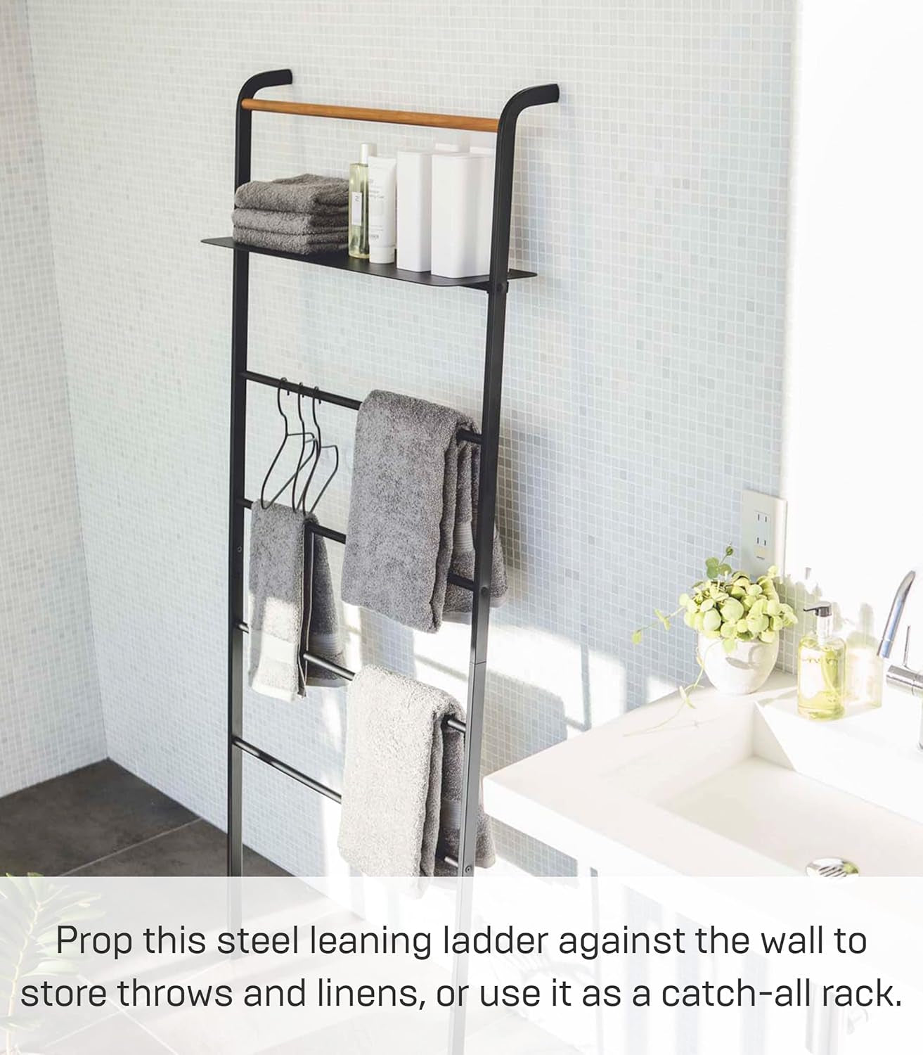 Home Tower 6Tier Leaning Ladder with Shelf Black