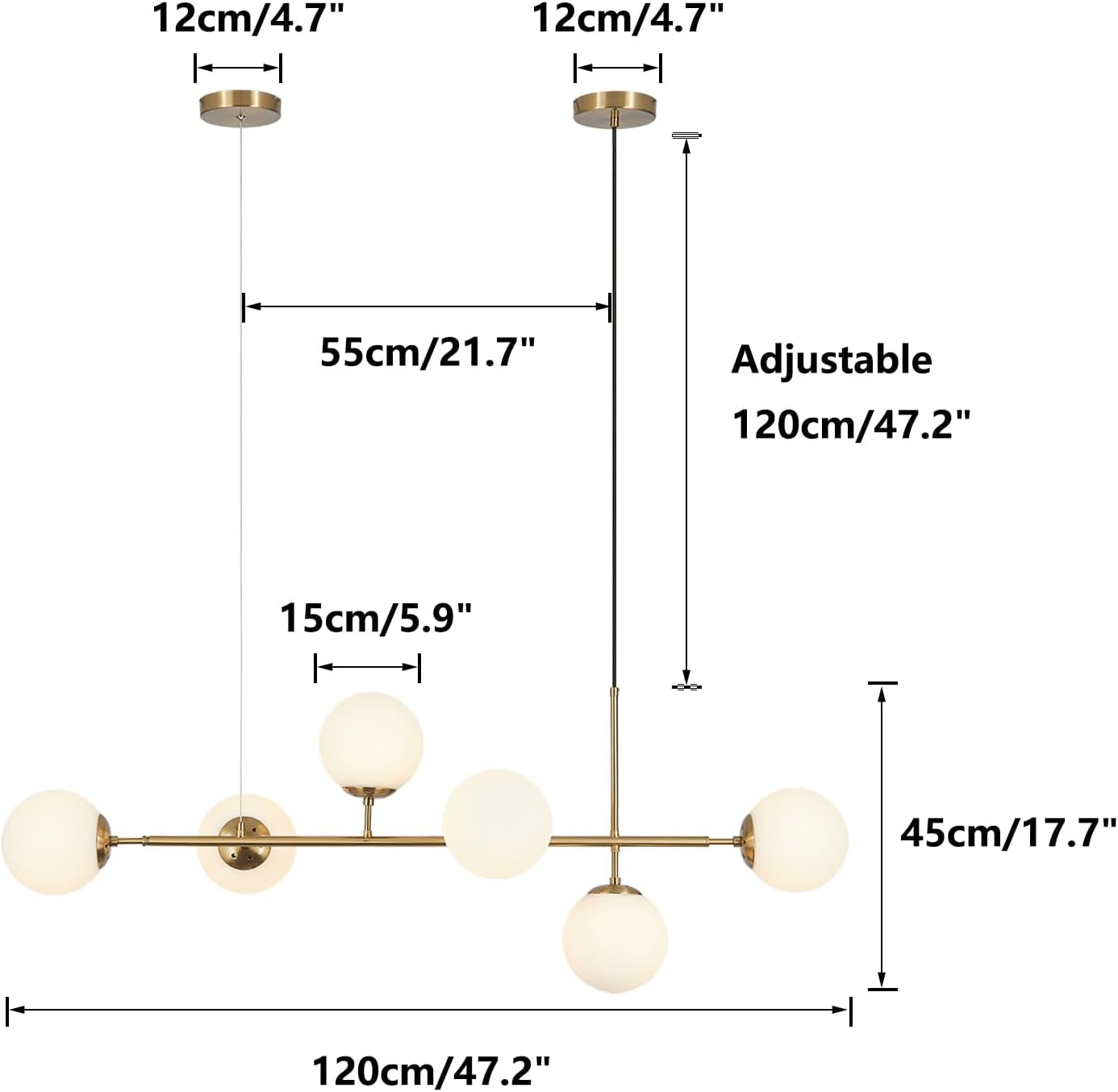 Brass Gold 6-Lights Straight Pendant Light Fixture Mid Century Modern Linear Sputnik Chandelier Large Globe Kitchen Island Dining Pendant Lighting Milk Glass Globe Pendant Lamp