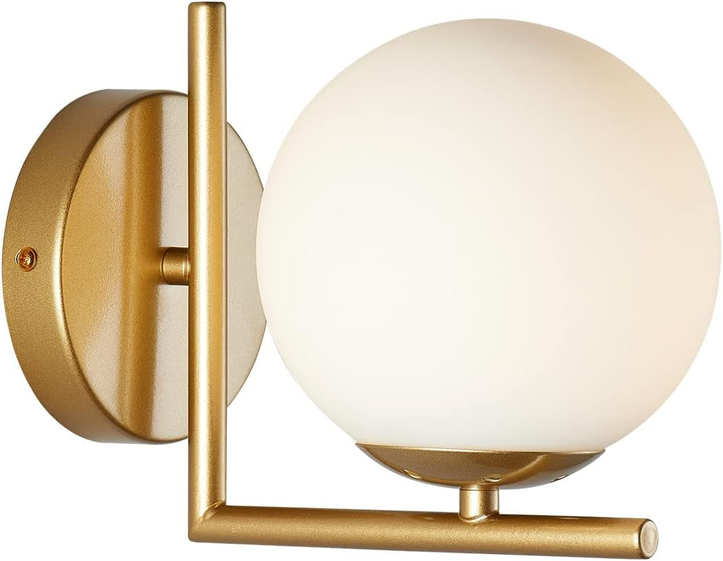 Mid Century Modern Gold Wall Sconce Lighting Brushed Brass Vanity Bathroom Wall Light Frosted White Glass Globe Wall Sconce Light Industrial Bedroom Bar Wall Lamp (Gold)
