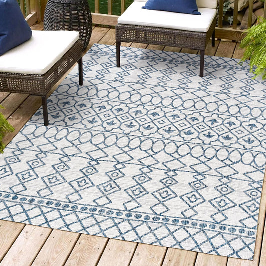 SMB130C-4 Kafel Tribal Bohemian Indoor Outdoor Area Rug Bohemian Rustic Easy Cleaning Bedroom Kitchen Backyard Patio Non Shedding, 4 X 6, Ivory/Blue