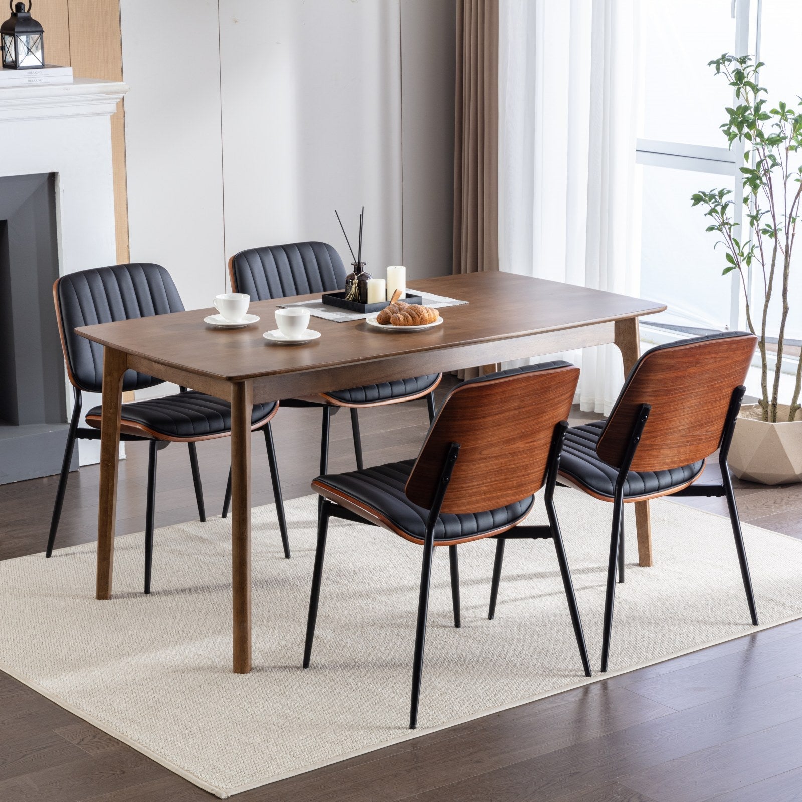 2-piece retro linen chair set with curved wooden backrest, in Black