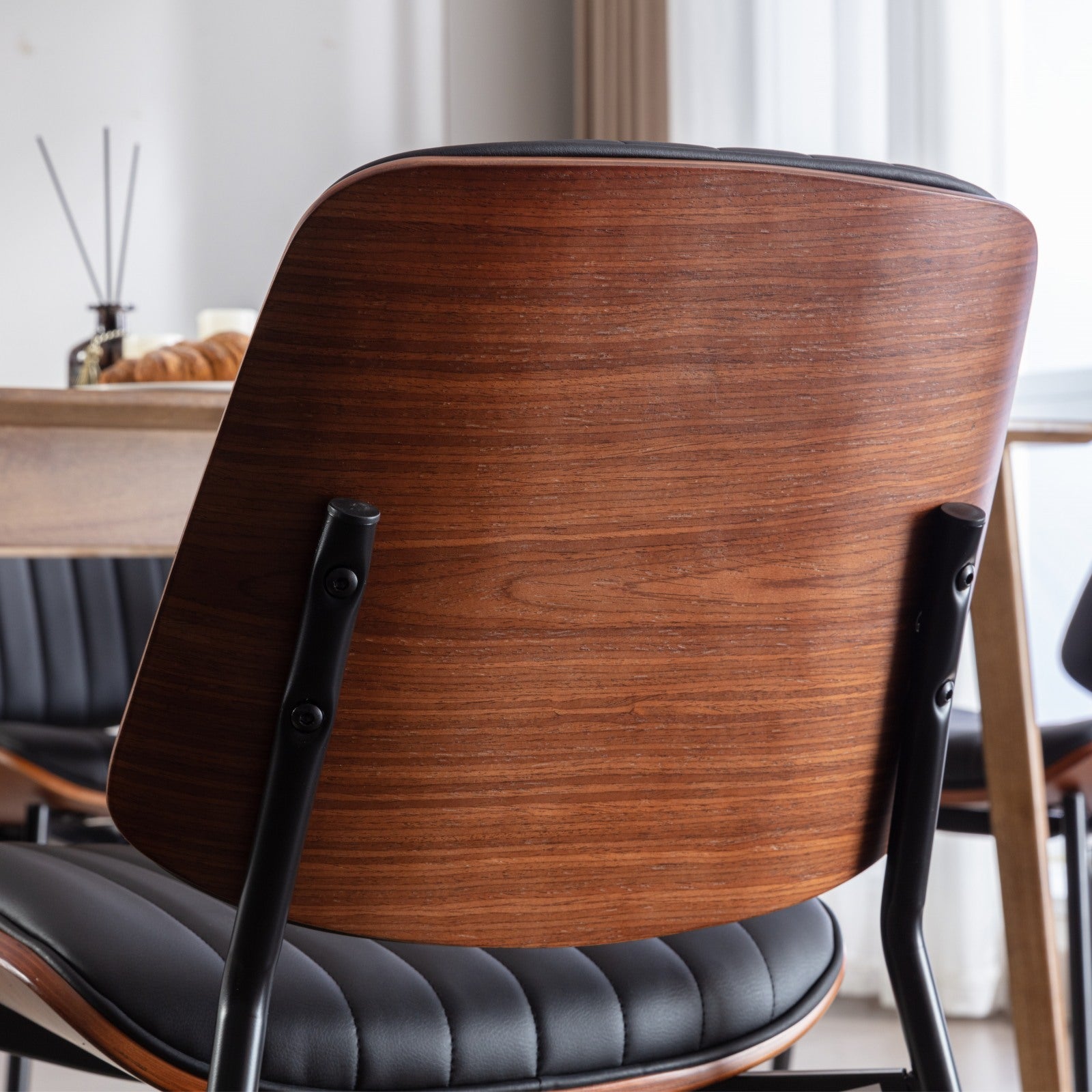2-piece retro linen chair set with curved wooden backrest, in Black