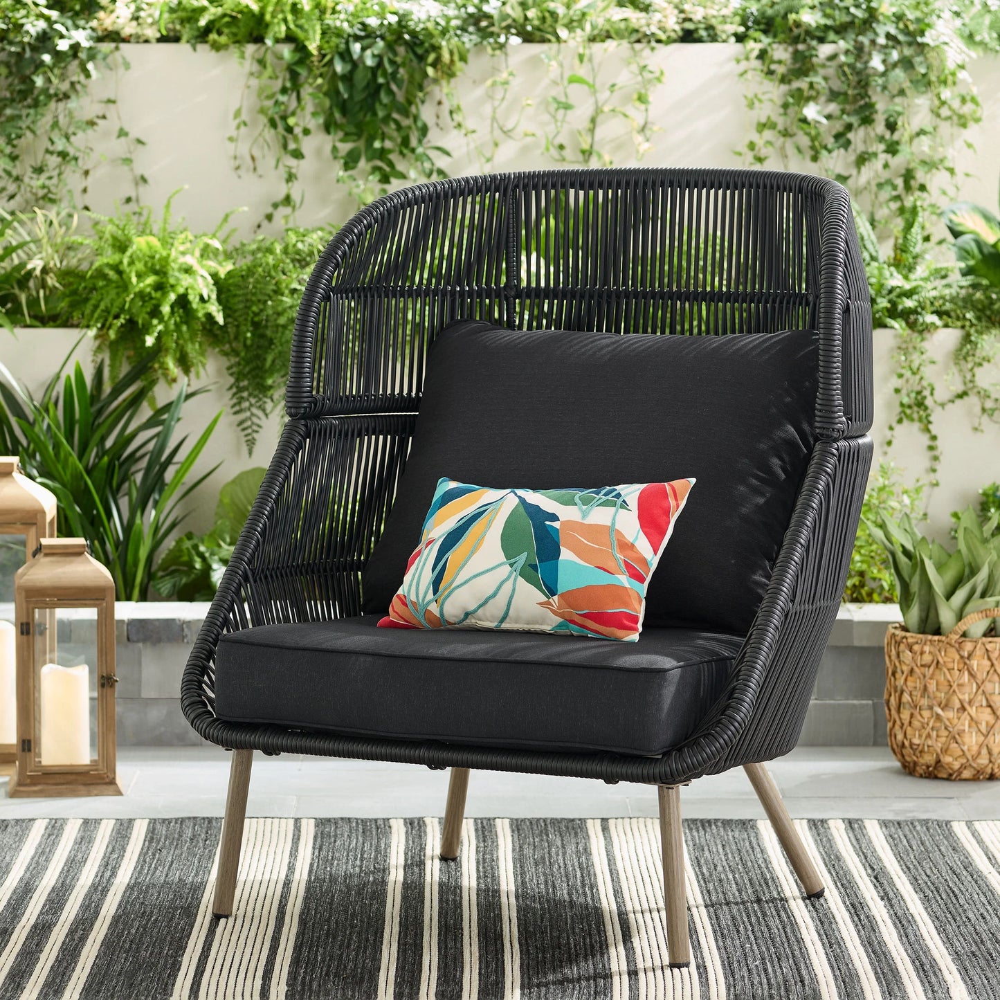 Tarren Wicker Outdoor Accent Chair with Cushions, Black