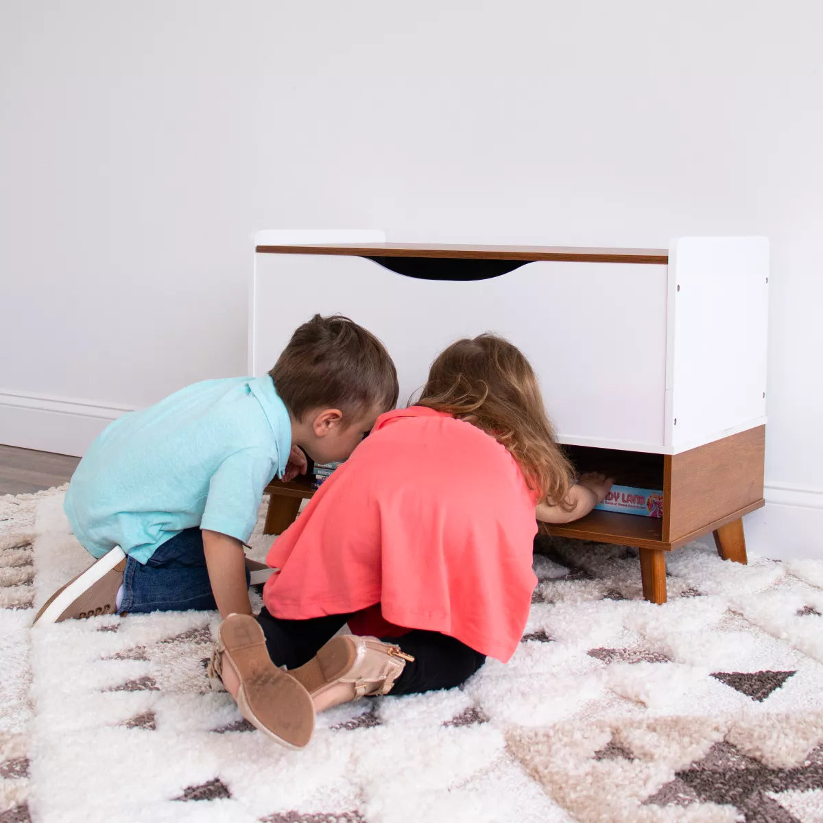 Morgan Mid-Century Kids' Toy Chest with Soft Close Lid and Storage Shelf Wood/White - Humble Crew