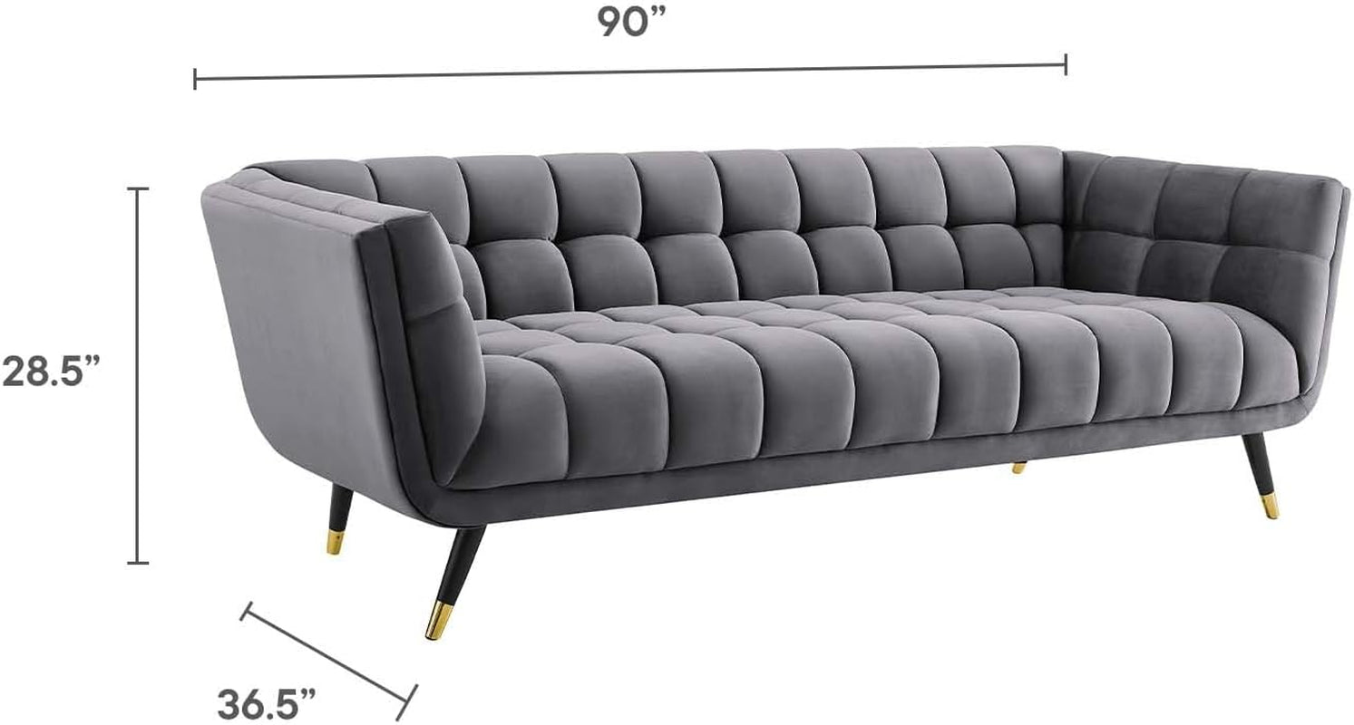 Adept Contemporary Mid-Century Modern Performance Velvet Upholstered Tufted Sofa in Gray