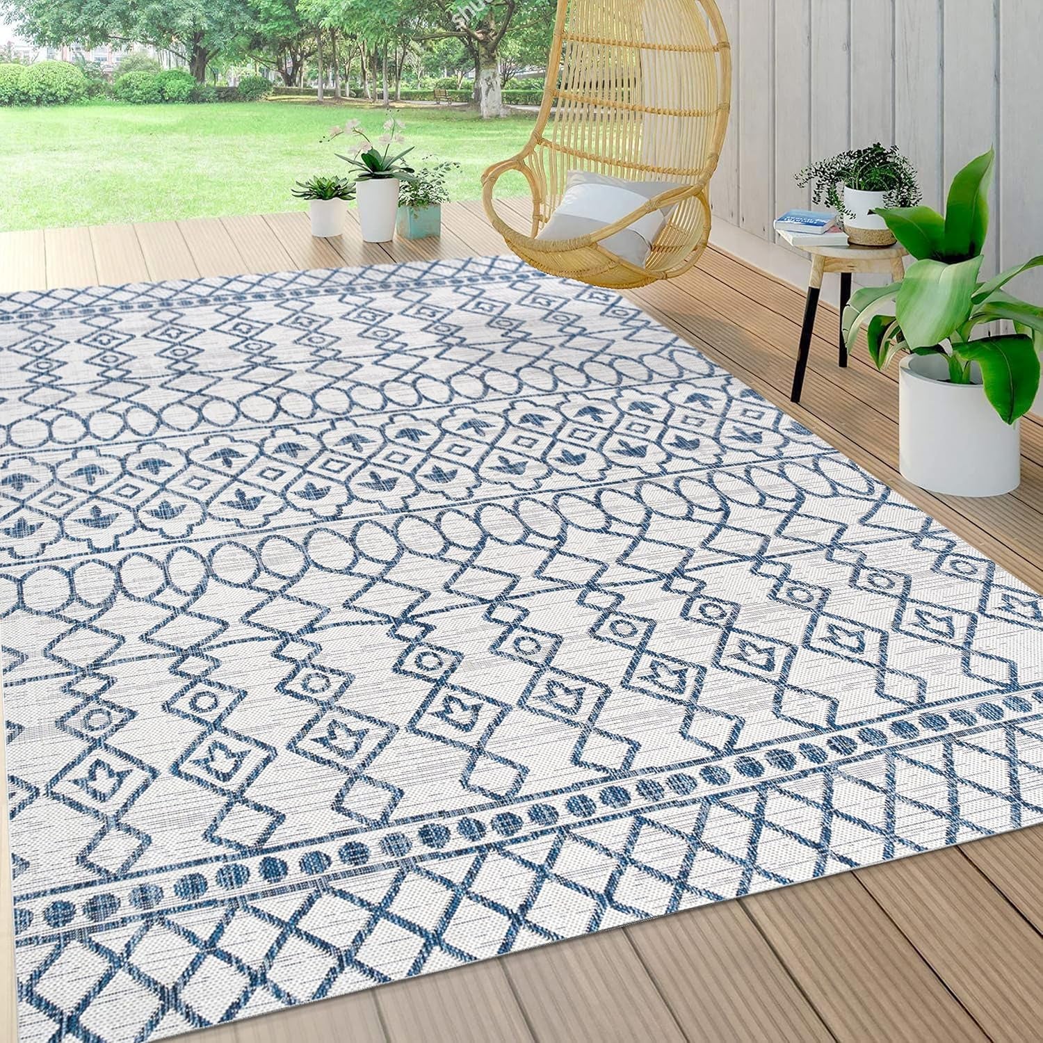 SMB130C-4 Kafel Tribal Bohemian Indoor Outdoor Area Rug Bohemian Rustic Easy Cleaning Bedroom Kitchen Backyard Patio Non Shedding, 4 X 6, Ivory/Blue