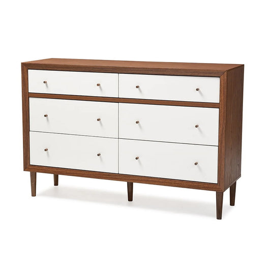 Baxton Studio Harlow Mid-Century Modern Scandinavian Style White and Walnut Wood 6-Drawer Storage Dresser