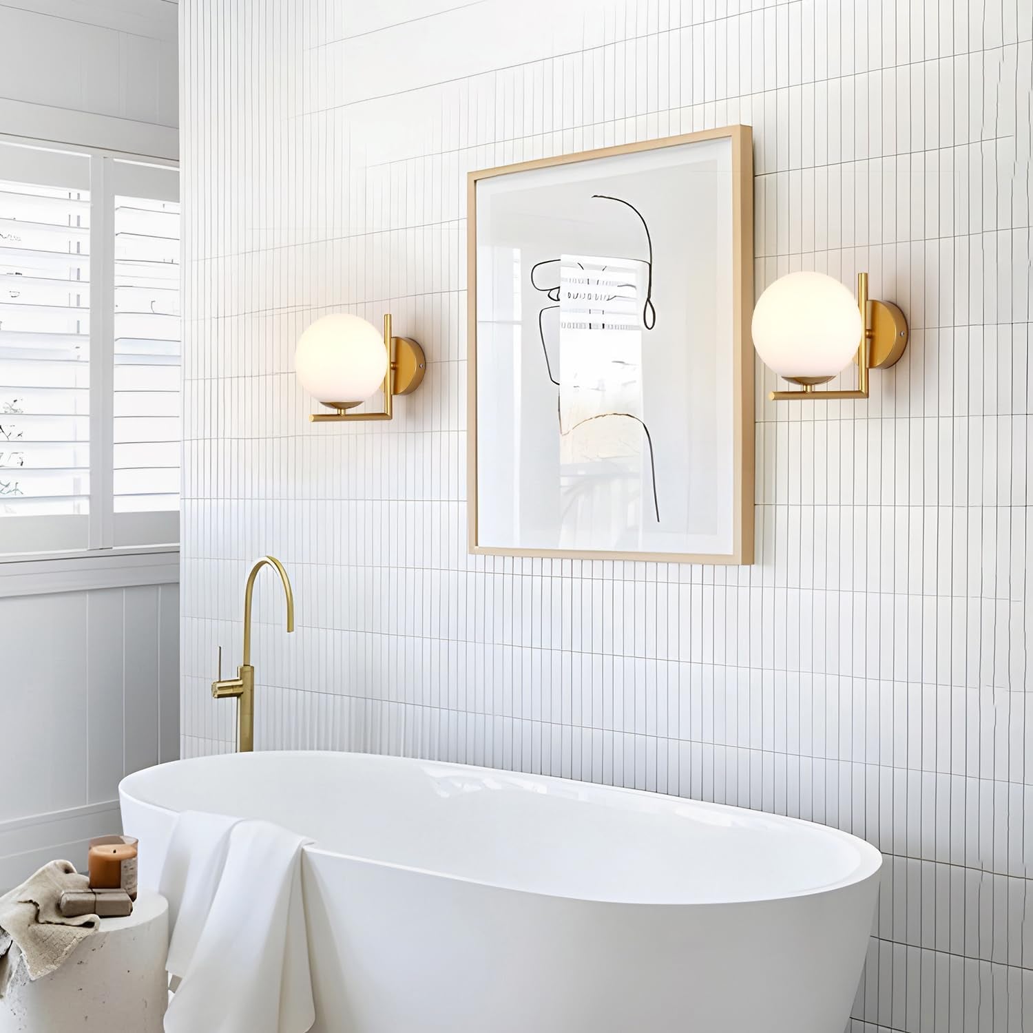 Mid Century Modern Gold Wall Sconce Lighting Brushed Brass Vanity Bathroom Wall Light Frosted White Glass Globe Wall Sconce Light Industrial Bedroom Bar Wall Lamp (Gold)