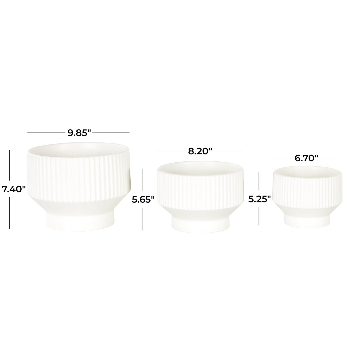 10", 8", 7"W Wide White Ceramic Planter with Linear Grooves and Tapered Bases (3 Count)