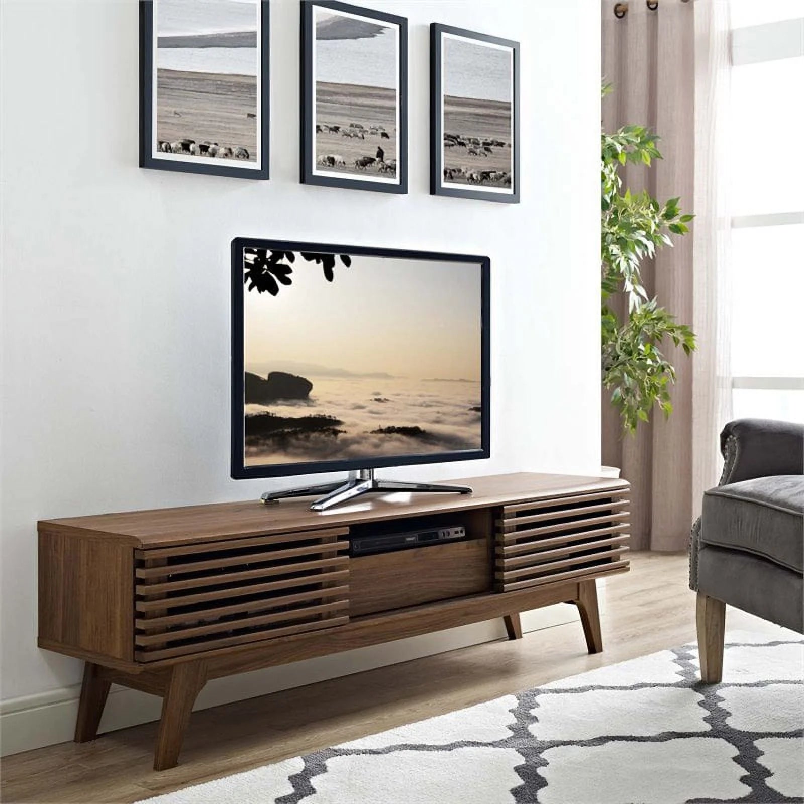 Render 59" Modern Style Particleboard Wood TV Stand in Walnut