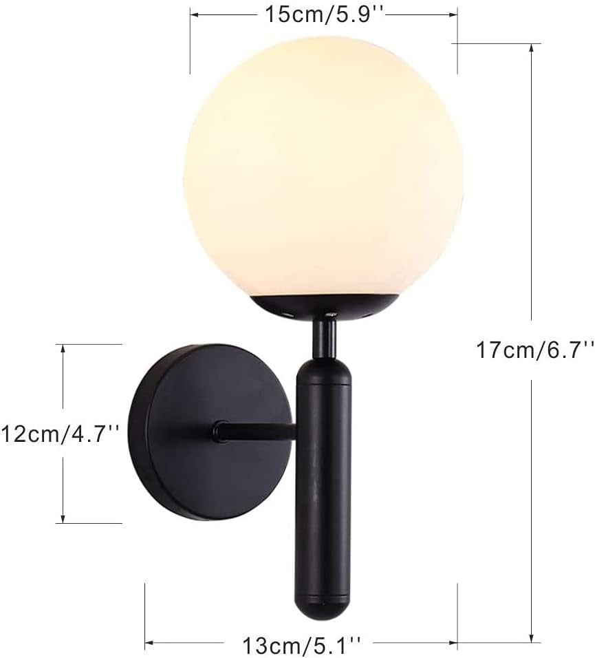 Lighting Black Modern Glass Globe Wall Sconce Mid Century Wall Mounted Set of 2 Vanity Light for Bedroom Living Room Aisle(Black 2 Pack)