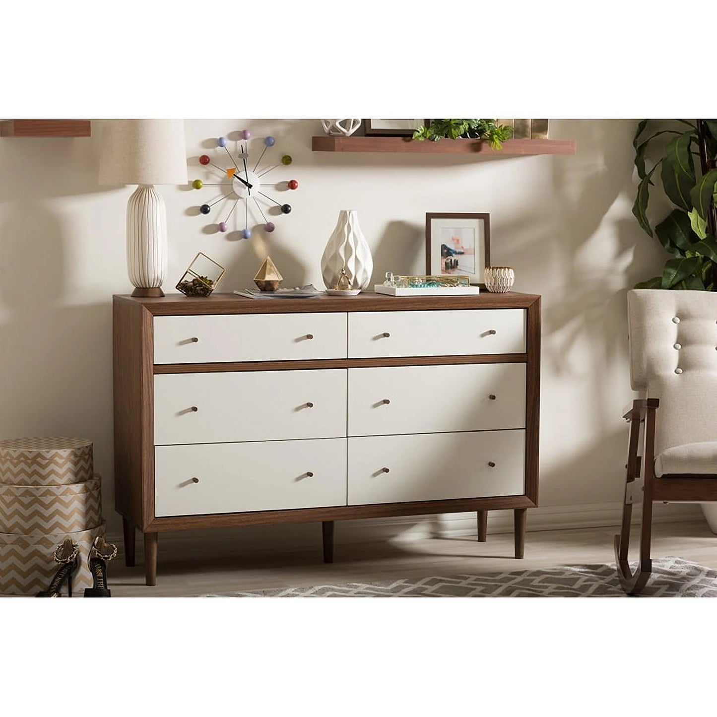 Baxton Studio Harlow Mid-Century Modern Scandinavian Style White and Walnut Wood 6-Drawer Storage Dresser