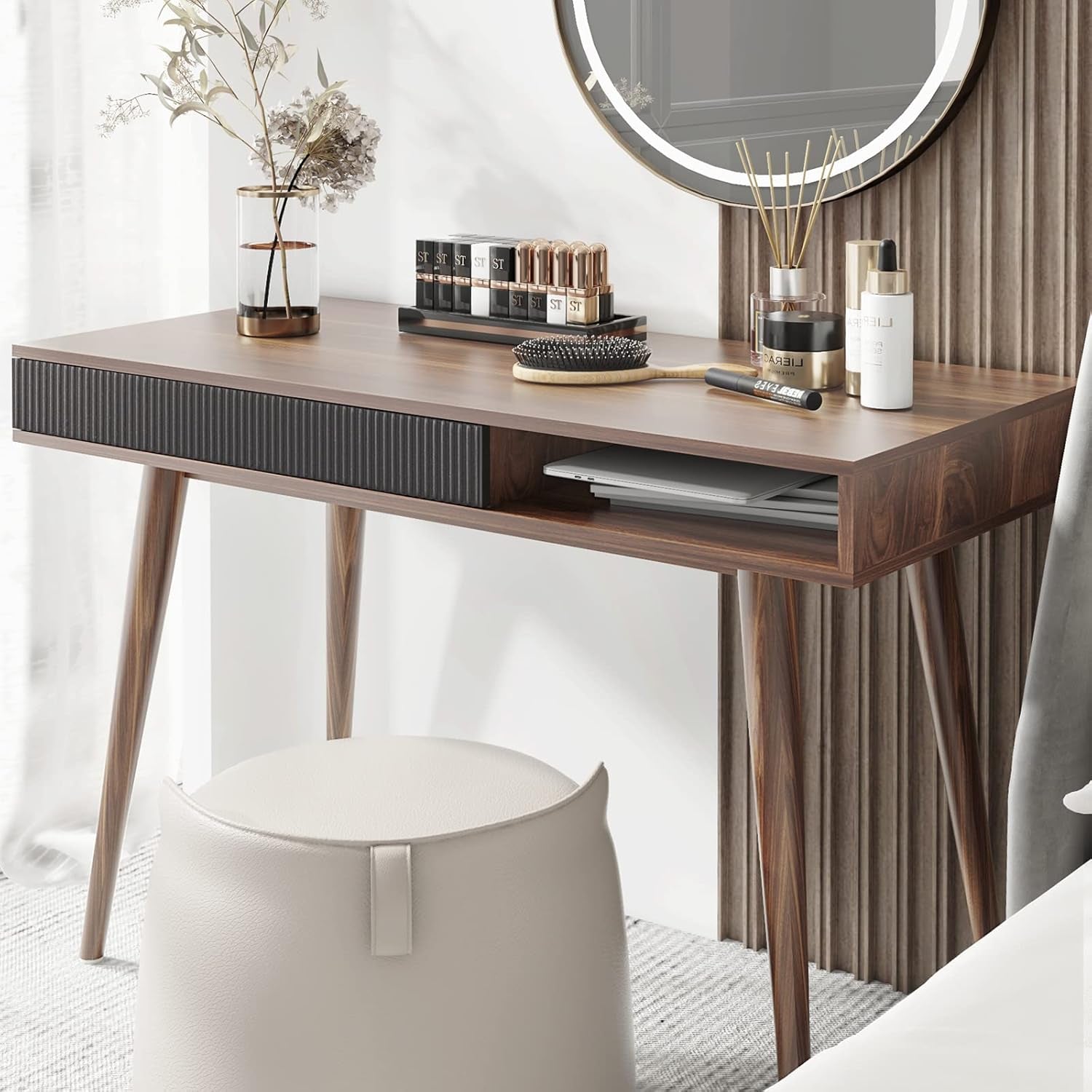 Walnut Mid Century Modern Desk With Drawer For Home Office