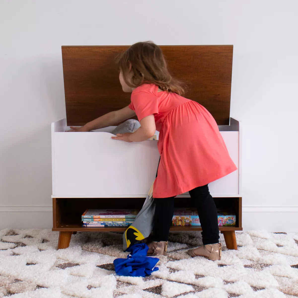 Morgan Mid-Century Kids' Toy Chest with Soft Close Lid and Storage Shelf Wood/White - Humble Crew