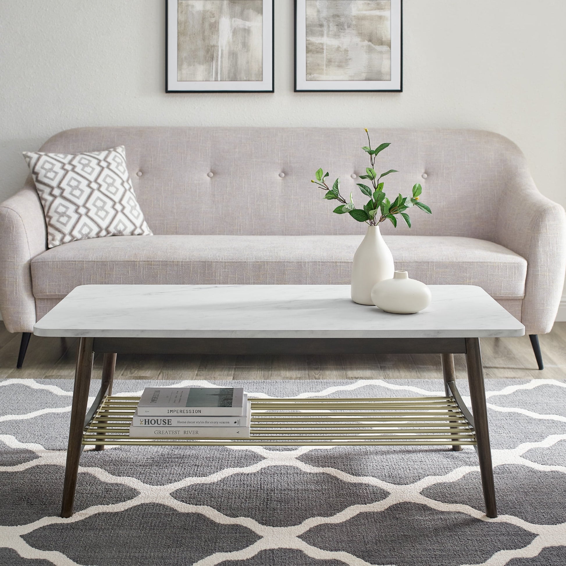 Mid Century Coffee Table, Faux White Marble/Dark Brown Oak