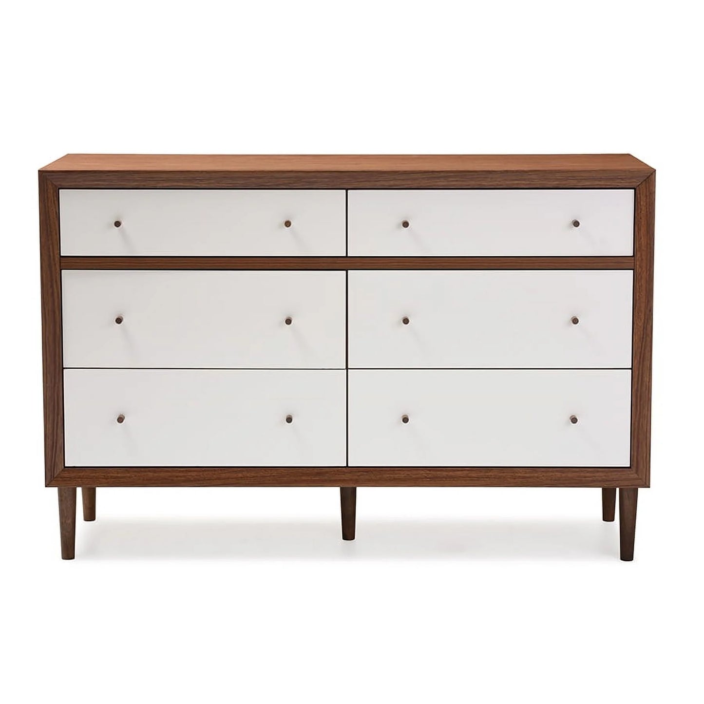 Baxton Studio Harlow Mid-Century Modern Scandinavian Style White and Walnut Wood 6-Drawer Storage Dresser