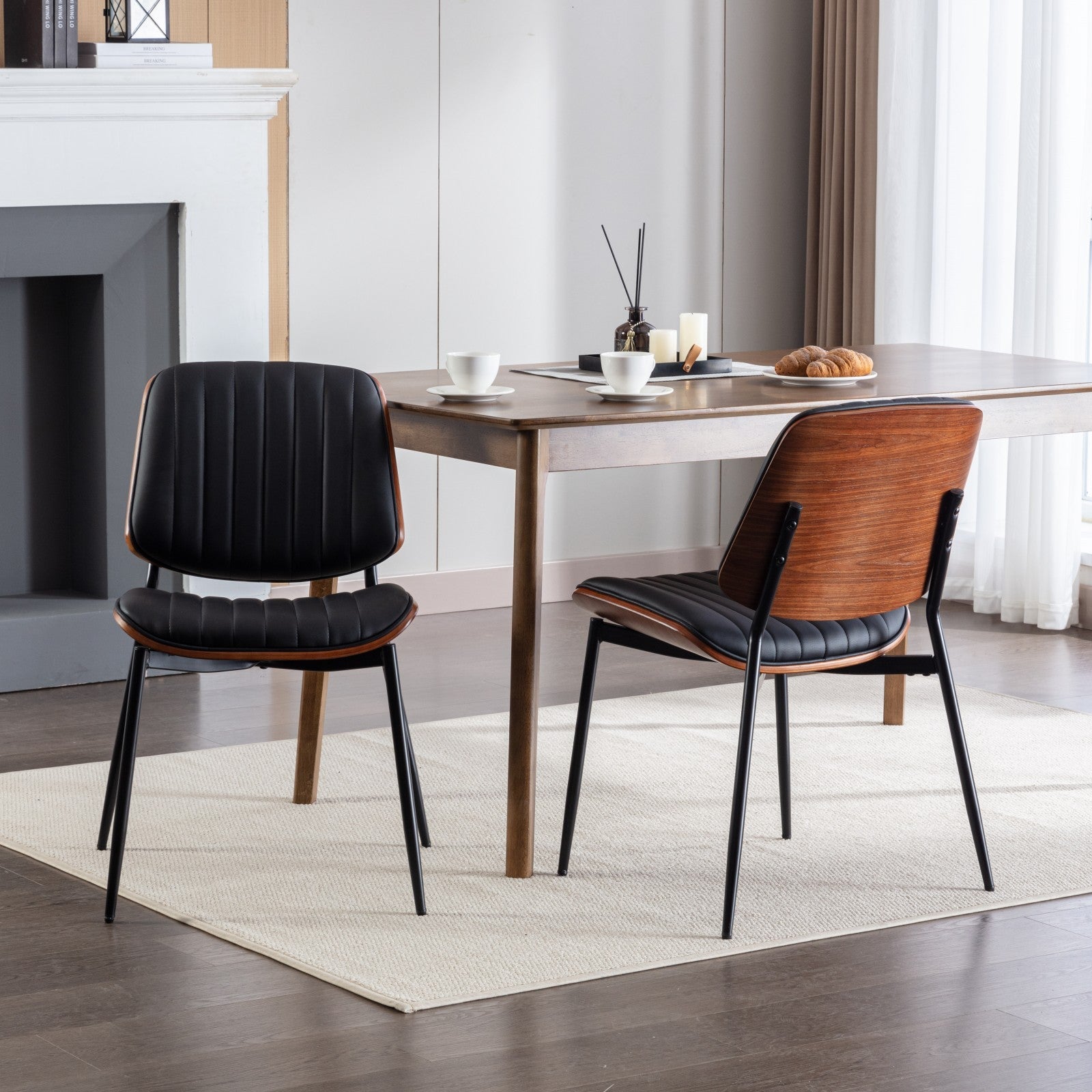 2-piece retro linen chair set with curved wooden backrest, in Black