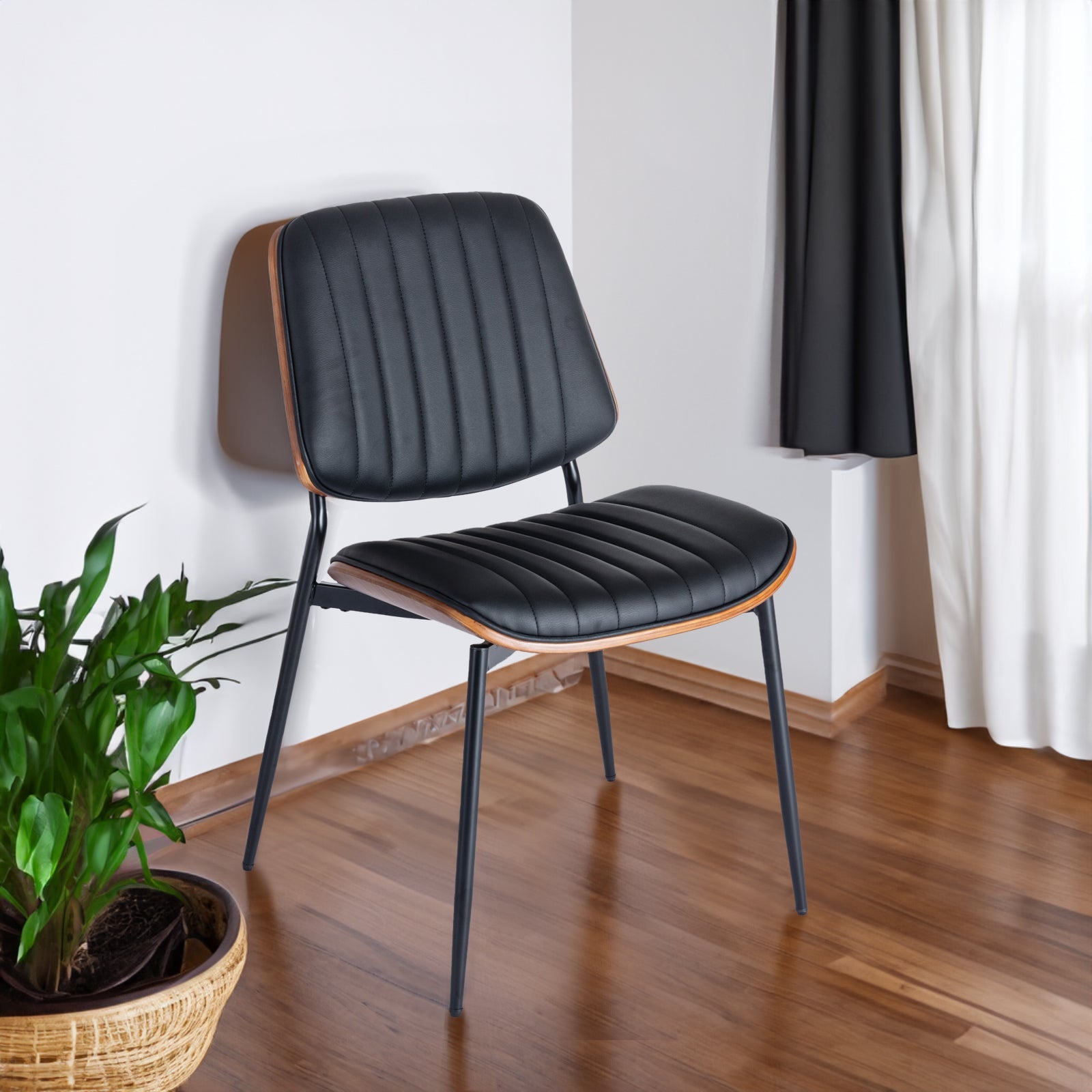 2-piece retro linen chair set with curved wooden backrest, in Black