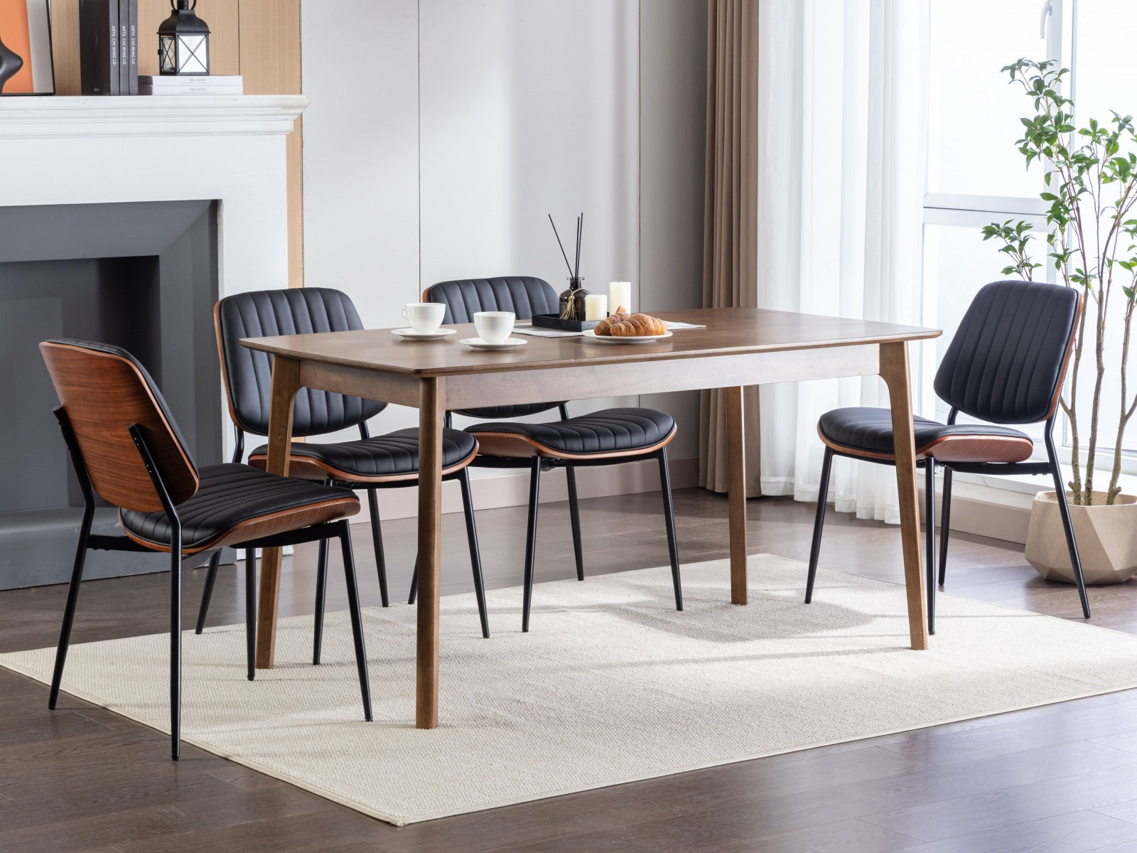 2-piece retro linen chair set with curved wooden backrest, in Black
