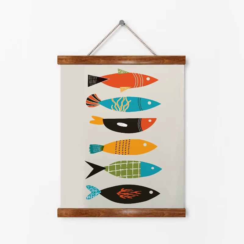 Mid Century Modern Abstract Canvas Prints Fish Poster Wall Art Decor, Mid Century Fish Art Painting Picture Home Room Wall Decor