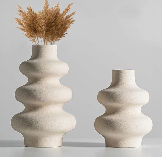 Ceramic Vases Set of 2, Modern Unique Matte Decorative Flower Vase for Home Centerpieces Living Decor, off White Minimalist Nordic Boho Vase for Flower Bouquet, Pampas Grass