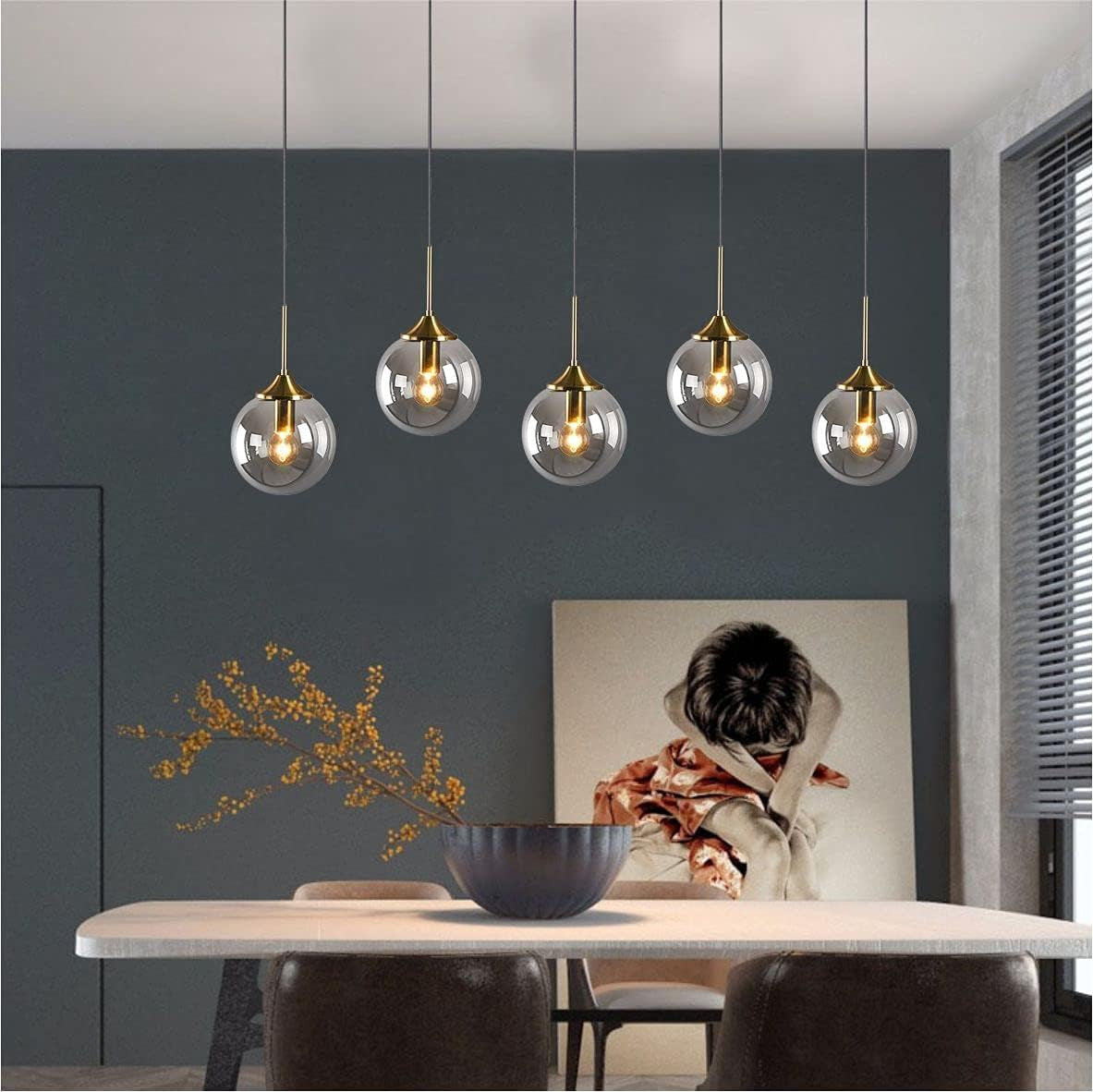 Lighting Modern 1-Light Globe Pendant Light Mid Century Large Single Smoke Glass Hanging Light Brushed Brass Adjustable Pendant Light Fixture for Living Room Kitchen Island (Smoke Gray)