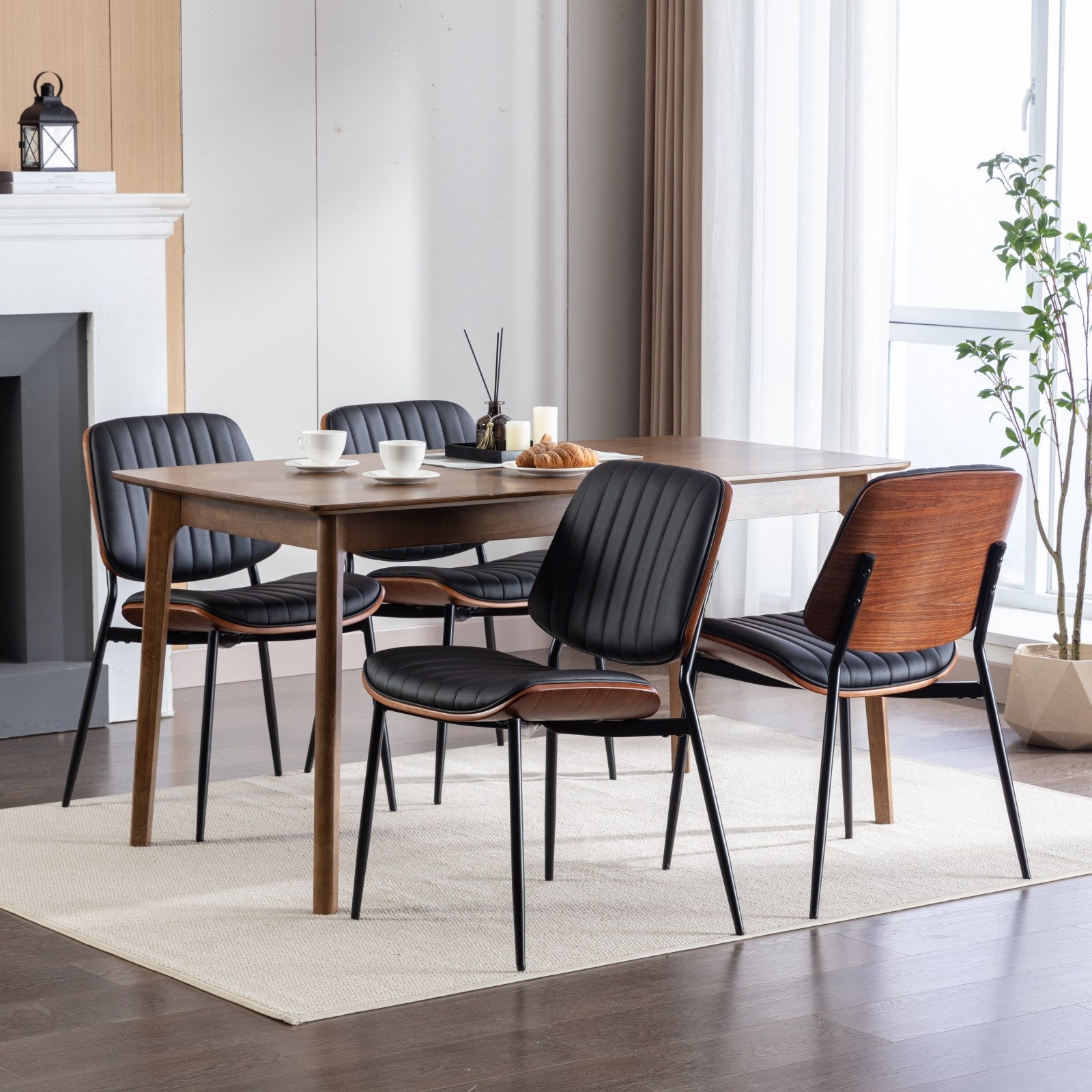 2-piece retro linen chair set with curved wooden backrest, in Black