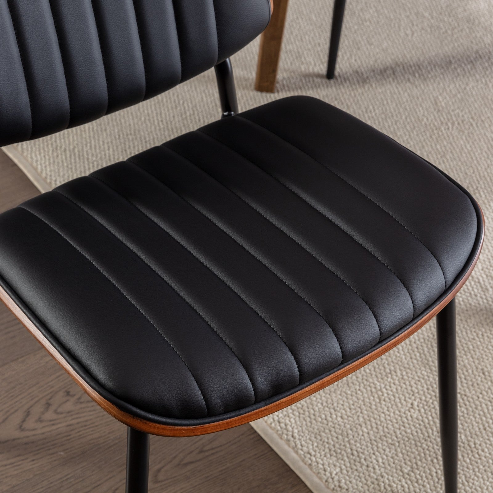 2-piece retro linen chair set with curved wooden backrest, in Black