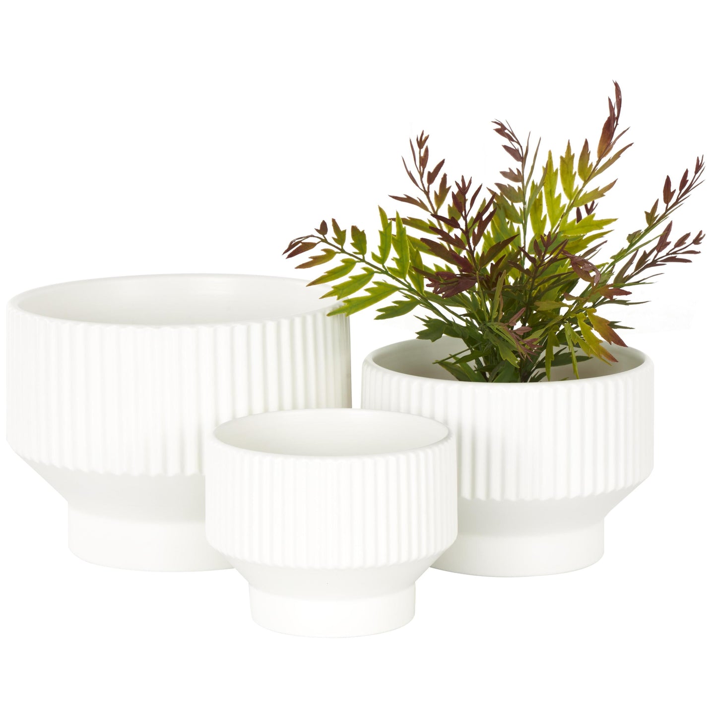 10", 8", 7"W Wide White Ceramic Planter with Linear Grooves and Tapered Bases (3 Count)