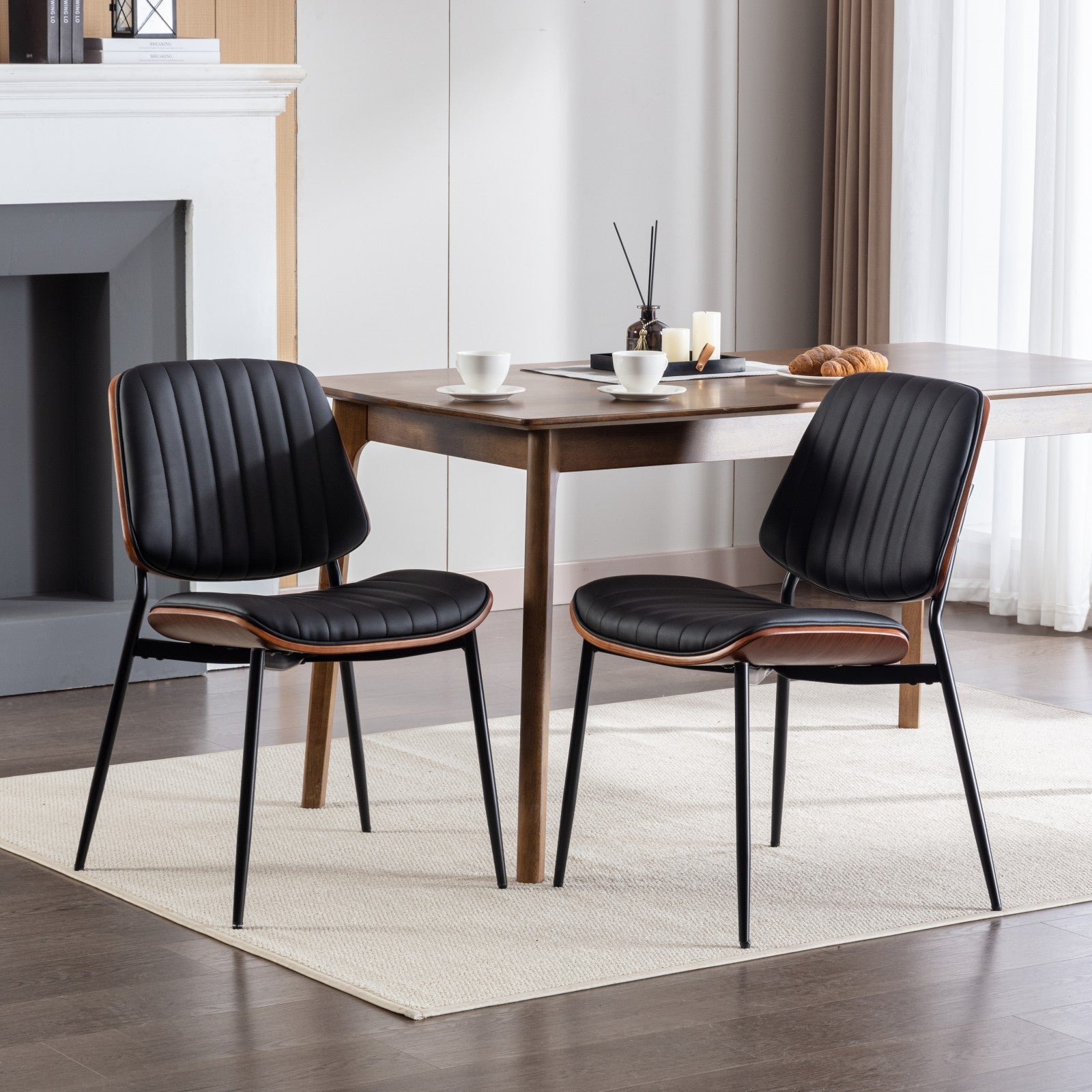2-piece retro linen chair set with curved wooden backrest, in Black