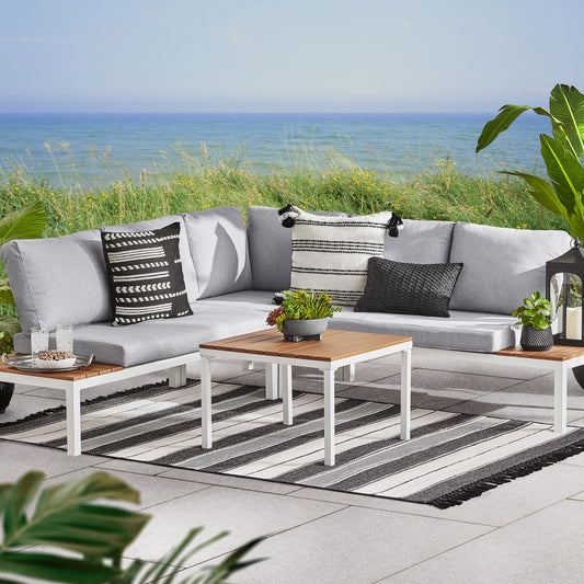 Oakleigh 4-Piece Outdoor Chaise Sectional Set with Table, Seats 5, White