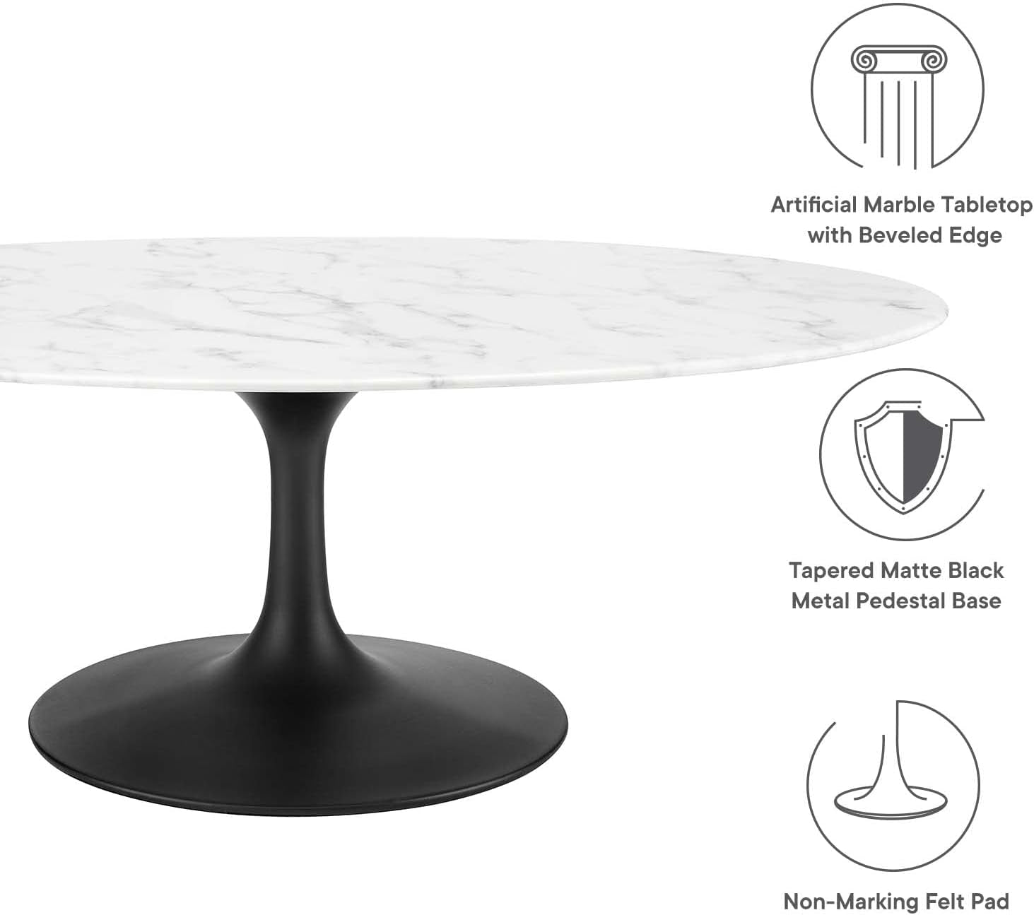 Lippa Mid-Century Modern 48" Oval Artificial Marble Coffee Table in Black White