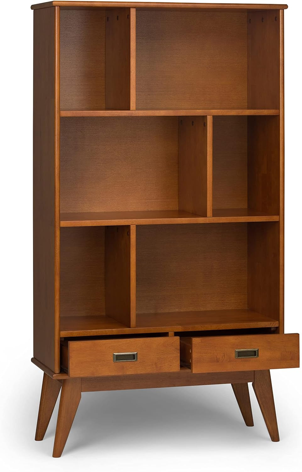 Draper SOLID HARDWOOD 35 Inch Mid Century Modern Wide Bookcase and Storage Unit in Teak Brown, for the Living Room, Study Room and Office