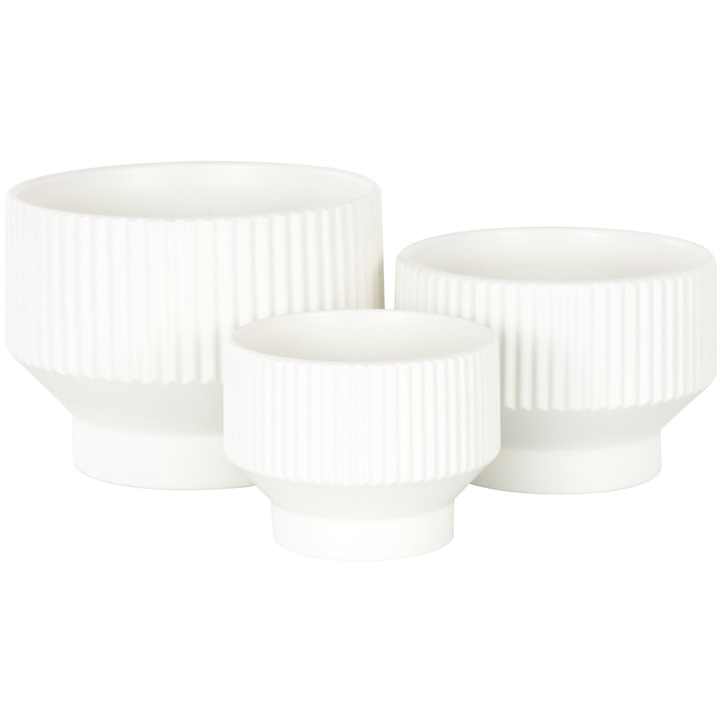 10", 8", 7"W Wide White Ceramic Planter with Linear Grooves and Tapered Bases (3 Count)